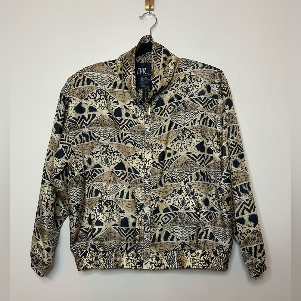 Vintage Evr Printed 100% Silk Brown Jacket Size Medium